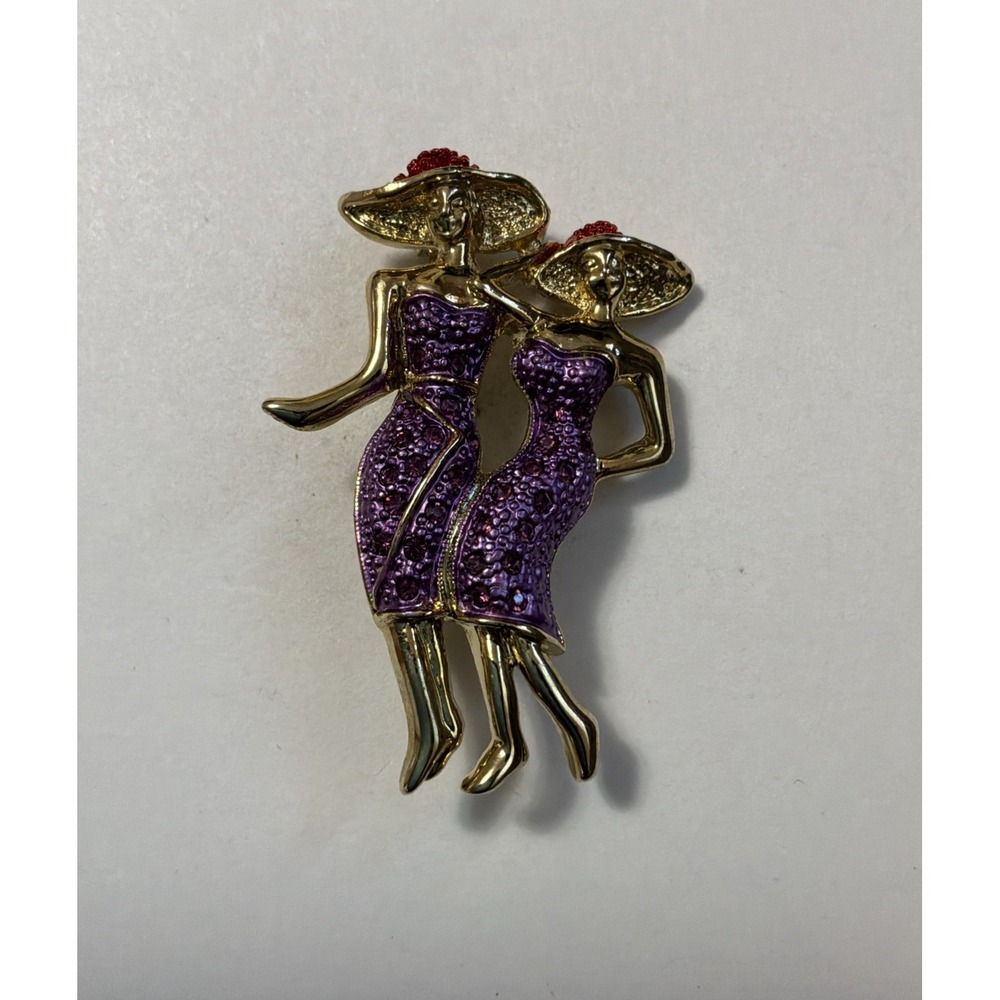 Red Hat Society Lapel Pin Brooch Ladies In Purple Dresses Rhinestones Gold Tone